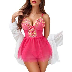 Women's Rose Red Floral Lingerie Embroidery Lace Babydoll Sleepwear Sexy